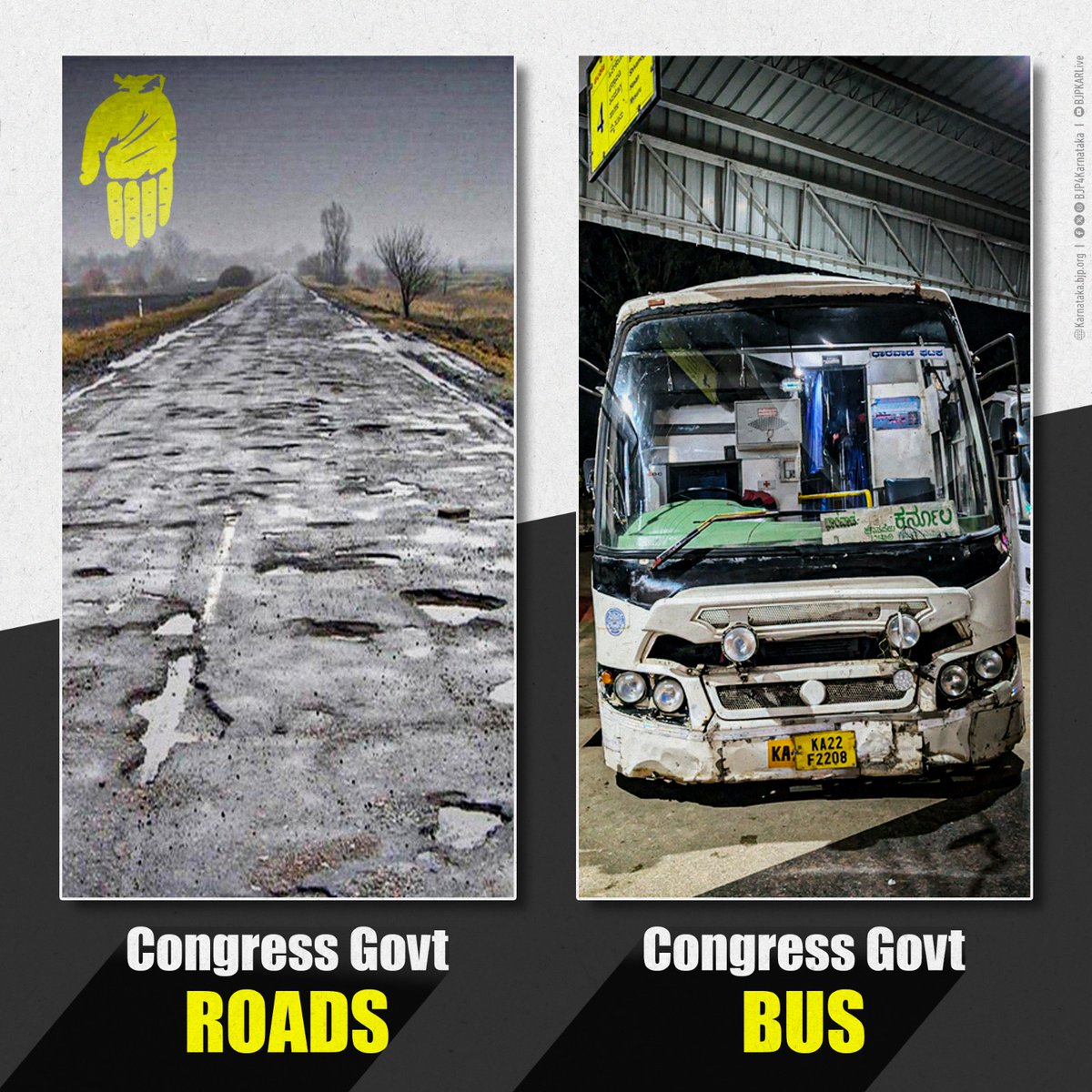 BJP4Karnataka's tweet photo. This is the condition of Karnataka under @INCKarnataka rule — potholes on roads, dents on buses, and suffering for people. https://t.co/NJT6IrwQ3F