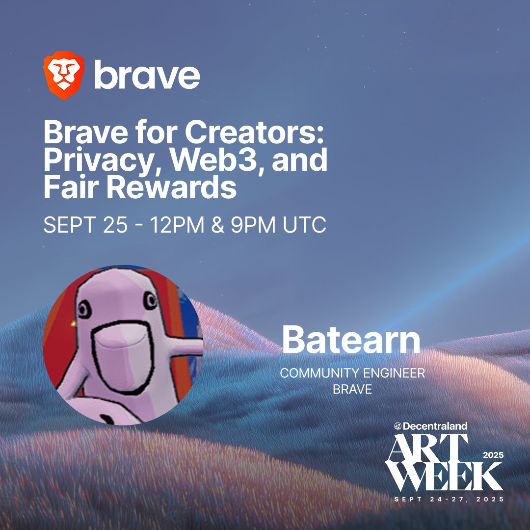 Your favorite magic pelican <a href="/Batearn/">B⟁Tearn (winter arc)</a> is here to spill how creators can use <a href="/brave/">Brave</a> for fair rewards ✨

Session starting NOW at Decentraland Art Week!
