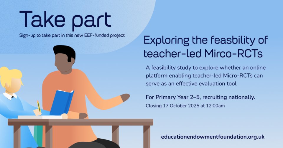 📣Calling primary schools! 

We're looking for classes to take part in a brand-new <a href="/WhatWorked/">WhatWorkedEducation</a> study to test the feasibility of a new research method – teacher-led micro RCTs. You'll test a spelling intervention and receive a tailored impact report. 

👉 tinyurl.com/mrrm27zs