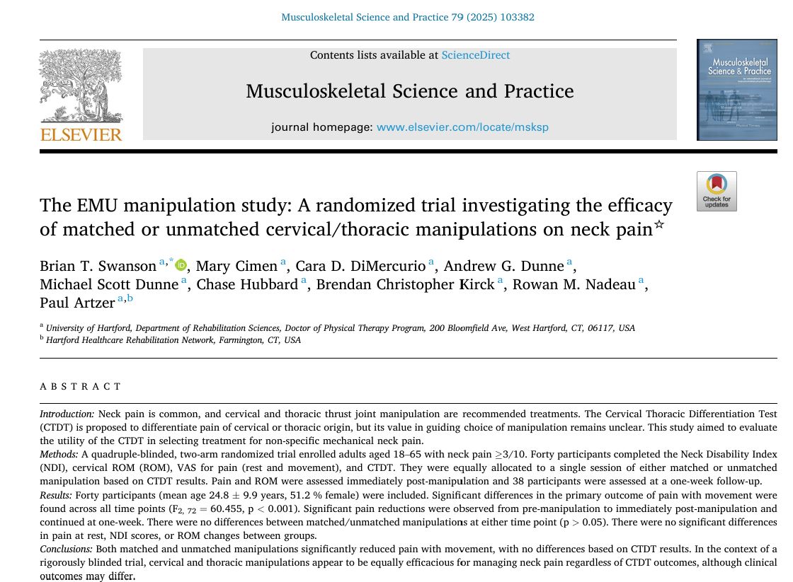 New RCT alert 🚨 Both cervical &amp; thoracic manipulations reduced neck pain with movement — but matching treatment to Cervical Thoracic Differentiation Test didn’t matter. DOES THE SITE OF MANIPULATION MATTER? This blinded EMU study challenges clinical assumptions and calls for a