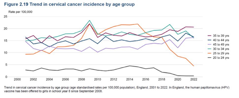Look at the orange line 

Going down 

That's cervical cancer cases in the age group that has had the HPV vaccine in England 

This vaccine prevents cancer!!
