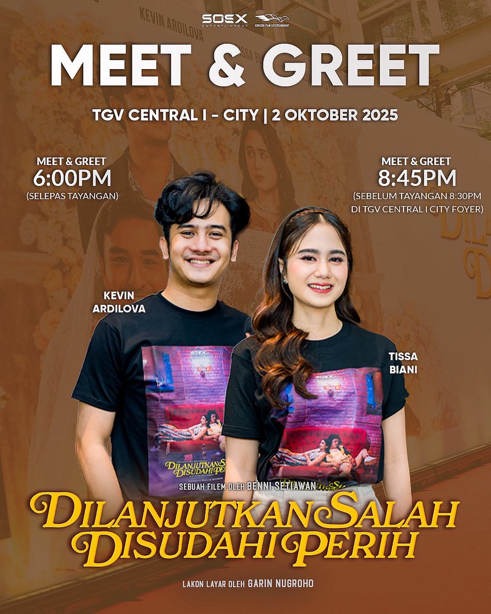 Rekomen_Filem's tweet image. Dapatkan tiket filem #DilanjutkanSalahDisudahiPerih yang ditulis oleh #GarinNugroho diarahkan oleh #BenniSetiawan dan peluang bertemu Kevin Ardilova &amp;amp; Tissa Biani di 
@TGVCinemas Central I-City 2 Oktober ini!