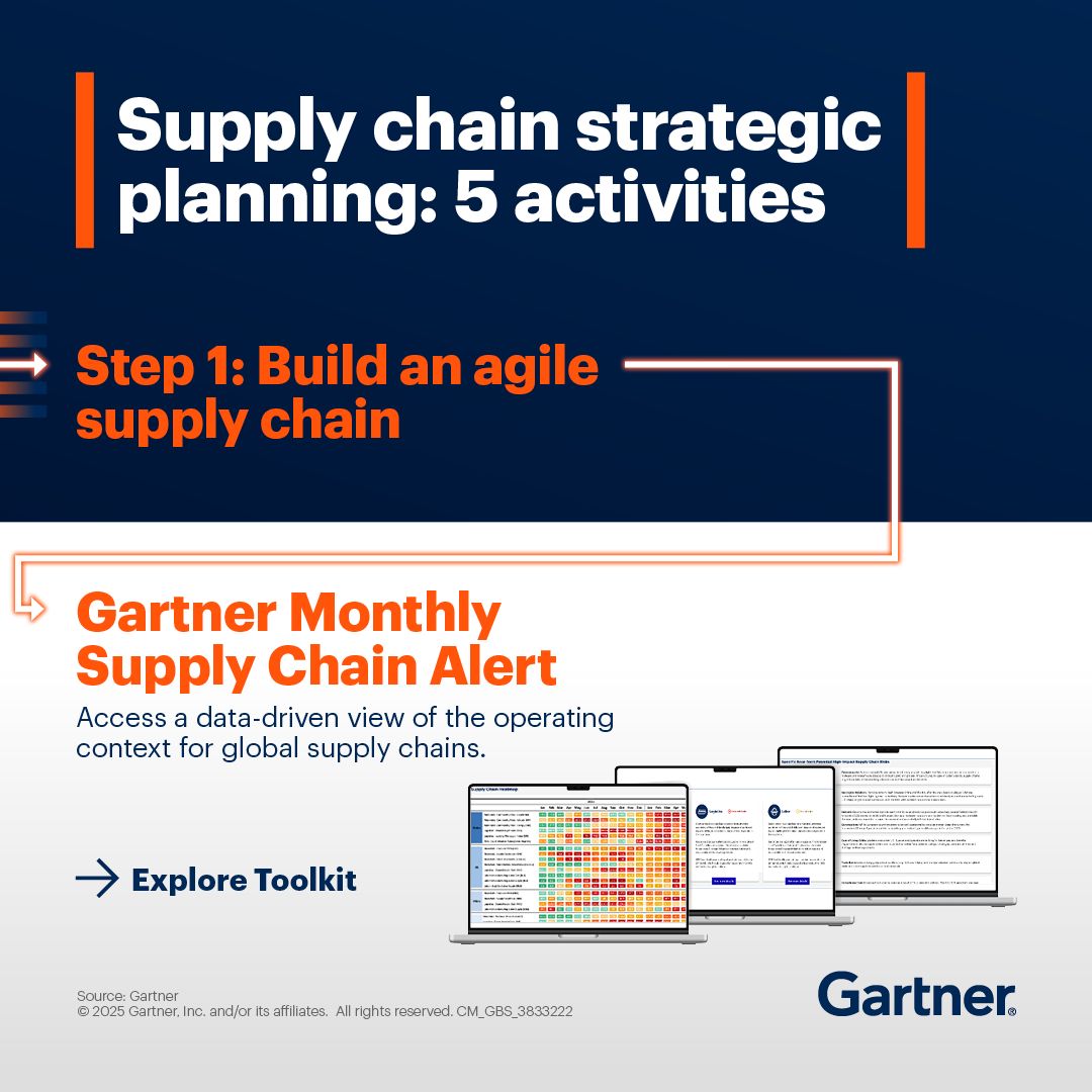 Gartner_inc's tweet image. Building an agile supply chain strategy is a key first step to effective strategic planning.

Use Gartner&apos;s 5-step toolkit to build a high-quality and impactful strategic plan: gtnr.it/4nzR2aQ

#GartnerSC #SupplyChainStrategy #StrategicPlanning