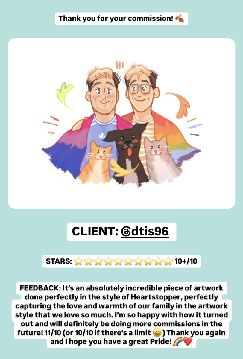 Your sweet reviews always make my day🥹 thank you for trusting me with your ideas and letting me bring them to life 🍂

Get yourself drawn in a Heartstopper style be me x

ko-fi.com/rickyartx/comm…
