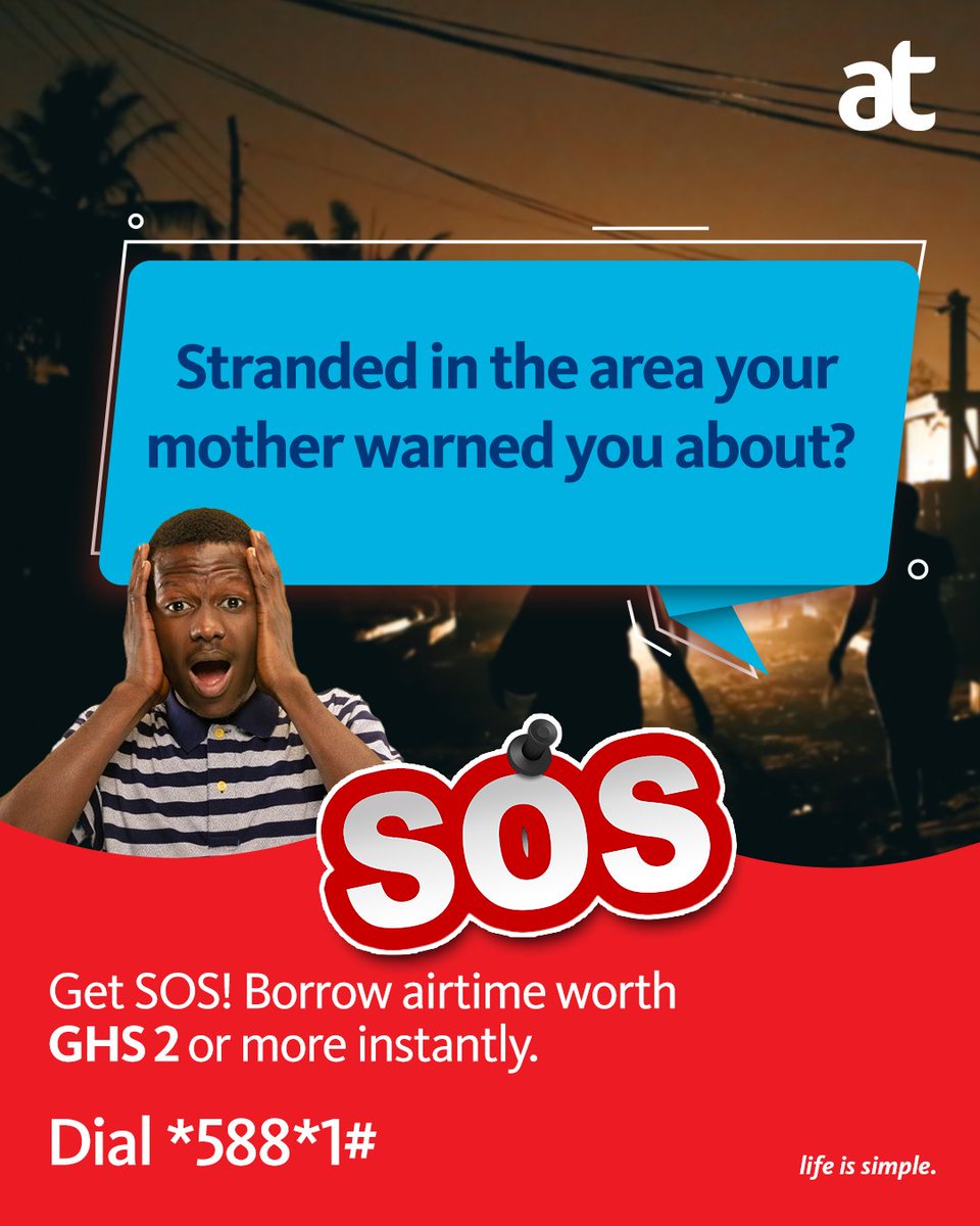 theatghana's tweet photo. Emergencies don't care about your airtime balance but SOS does! Borrow airtime and stay connected!
Get the AT Mobile app for easy and convenient transactions all day long. Click here >> https://t.co/BpXN9bOkDn
#SOS #airtime #rainydays #emergencies #atsos https://t.co/bJUqeqc3qi