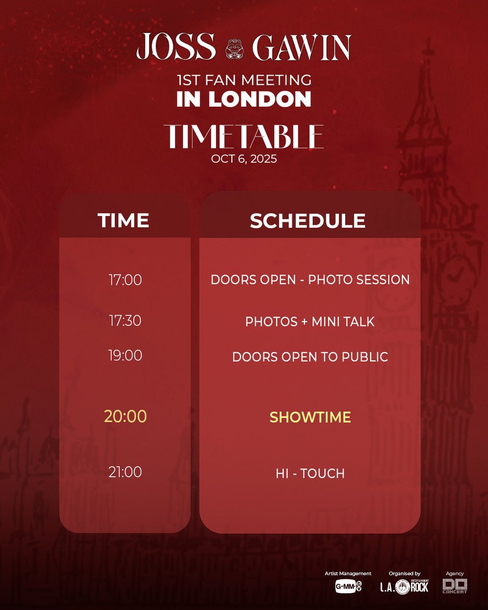🖤The official schedule for Londonnnnnn…is here! 

⁦<a href="/Josswayar/">JWR</a>⁩ ⁦<a href="/gawincaskey/">Gawin Caskey</a>⁩ 

🫰🏼On October 6 in Clapham Grand

🎟️GRAB YOUR TICKETS HERE: tixr.com/groups/firstfa…

#JossGawin1stFMinLondon
#JossGawin
#GawinCaskey
#JossWayar
#doconcert
#GMMTV