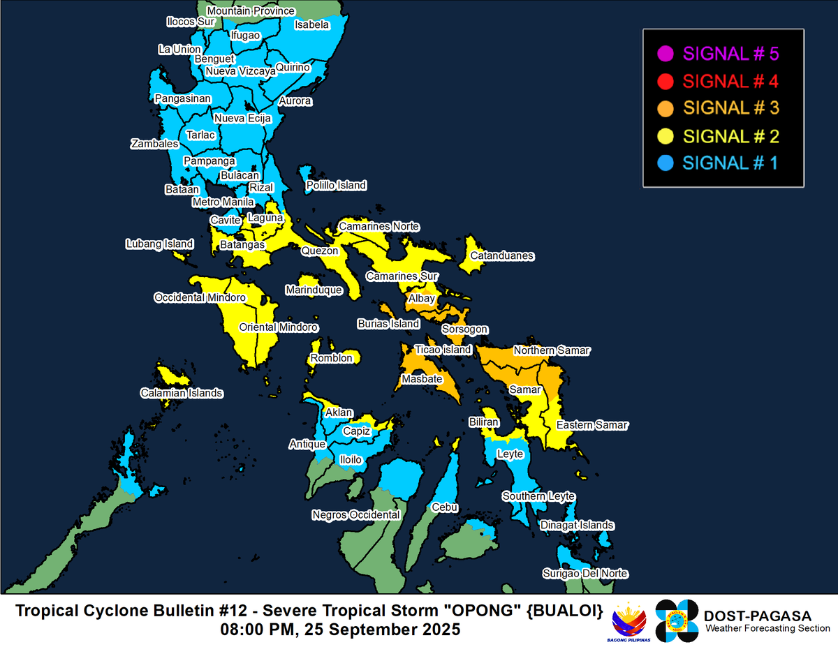 dost_pagasa's tweet image. TROPICAL CYCLONE BULLETIN NR. 12
Severe Tropical Storm #OpongPH (BUALOI)
Issued at 8:00 PM, 25 September 2025
Valid for broadcast until the next bulletin at 11:00 PM today.

“OPONG” CONTINUES TO MOVE CLOSER TOWARDS EASTERN VISAYAS.

For more details, visit:…