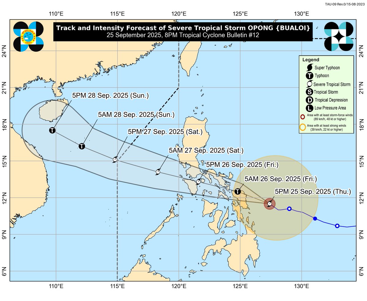 dost_pagasa's tweet image. TROPICAL CYCLONE BULLETIN NR. 12
Severe Tropical Storm #OpongPH (BUALOI)
Issued at 8:00 PM, 25 September 2025
Valid for broadcast until the next bulletin at 11:00 PM today.

“OPONG” CONTINUES TO MOVE CLOSER TOWARDS EASTERN VISAYAS.

For more details, visit:…