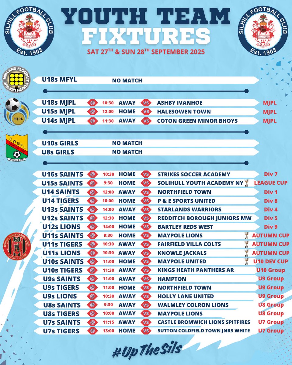 YOUTH FIXTURES FOR THIS WEEKEND

Another weekend of football coming up at Silhill and most of our teams are in action again

3 home matches to look forward to at SXR on Sunday with the U16s Saints, U14s Tigers and U7s Tigers all scheduled in

#UpTheSils