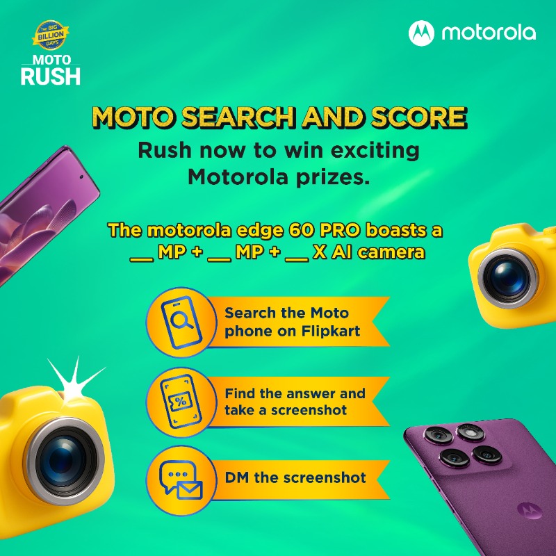 motorolaindia's tweet photo. Today’s Moto Search and Score challenge is live! Check the motorola edge 60 PRO specs on Flipkart and find the exact megapixel count of its triple AI camera system. Screenshot it and DM us. You’ve got 24 hours—win exciting Motorola prizes!
