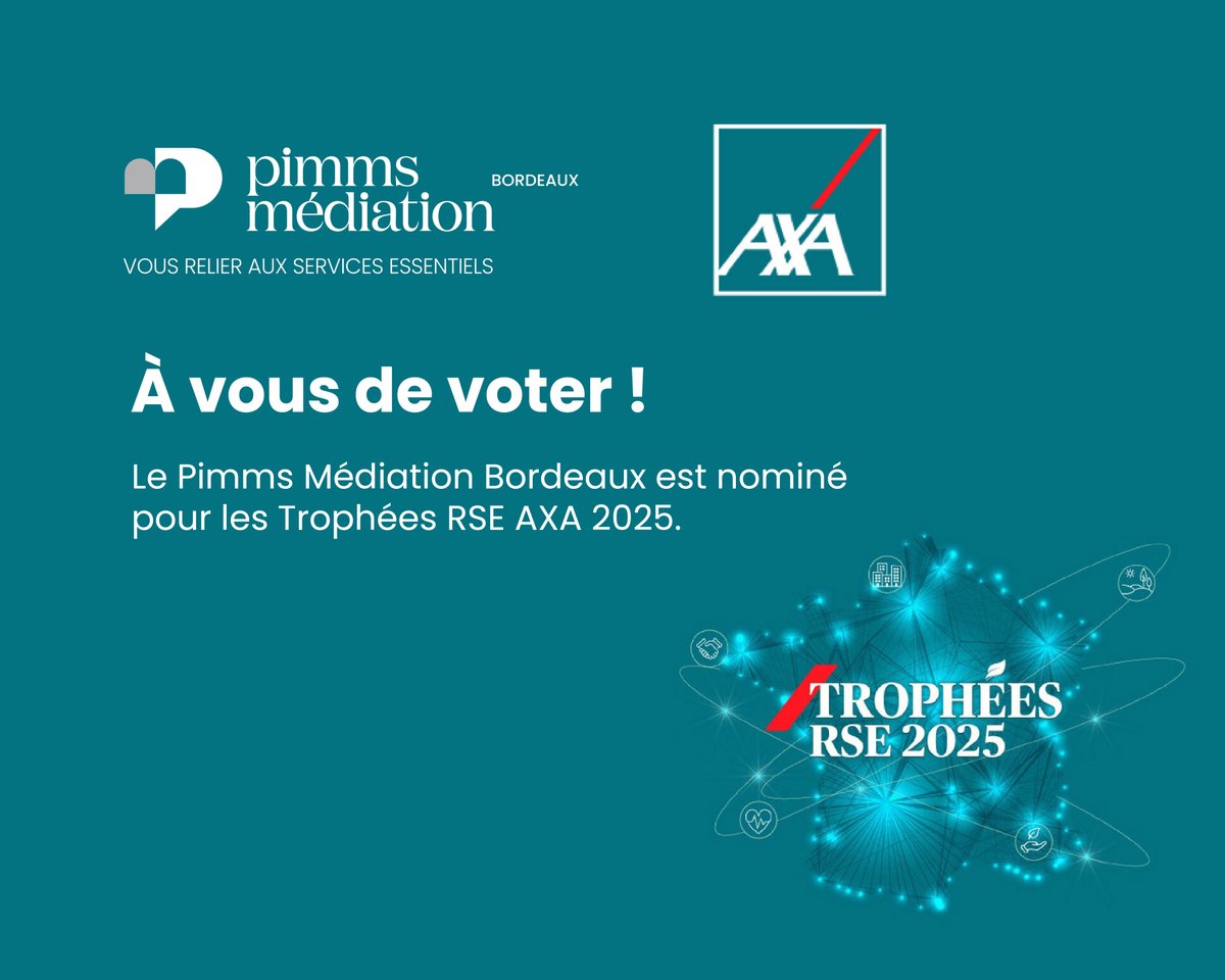 Réseau national Pimms Médiation (@pimmsmediation) on Twitter photo On a besoin de vous !
Le Pimms Médiation Bordeaux est nominé pour les #TrophéesRSE <a href="/AXAFrance/">AXA France</a> 2025.
🗳️ Vous pouvez voter pour leur projet ici : axafrance.qualifioapp.com/quiz/1617976_2… On a besoin de vous !
Le Pimms Médiation Bordeaux est nominé pour les #TrophéesRSE <a href="/AXAFrance/">AXA France</a> 2025.
🗳️ Vous pouvez voter pour leur projet ici : axafrance.qualifioapp.com/quiz/1617976_2…