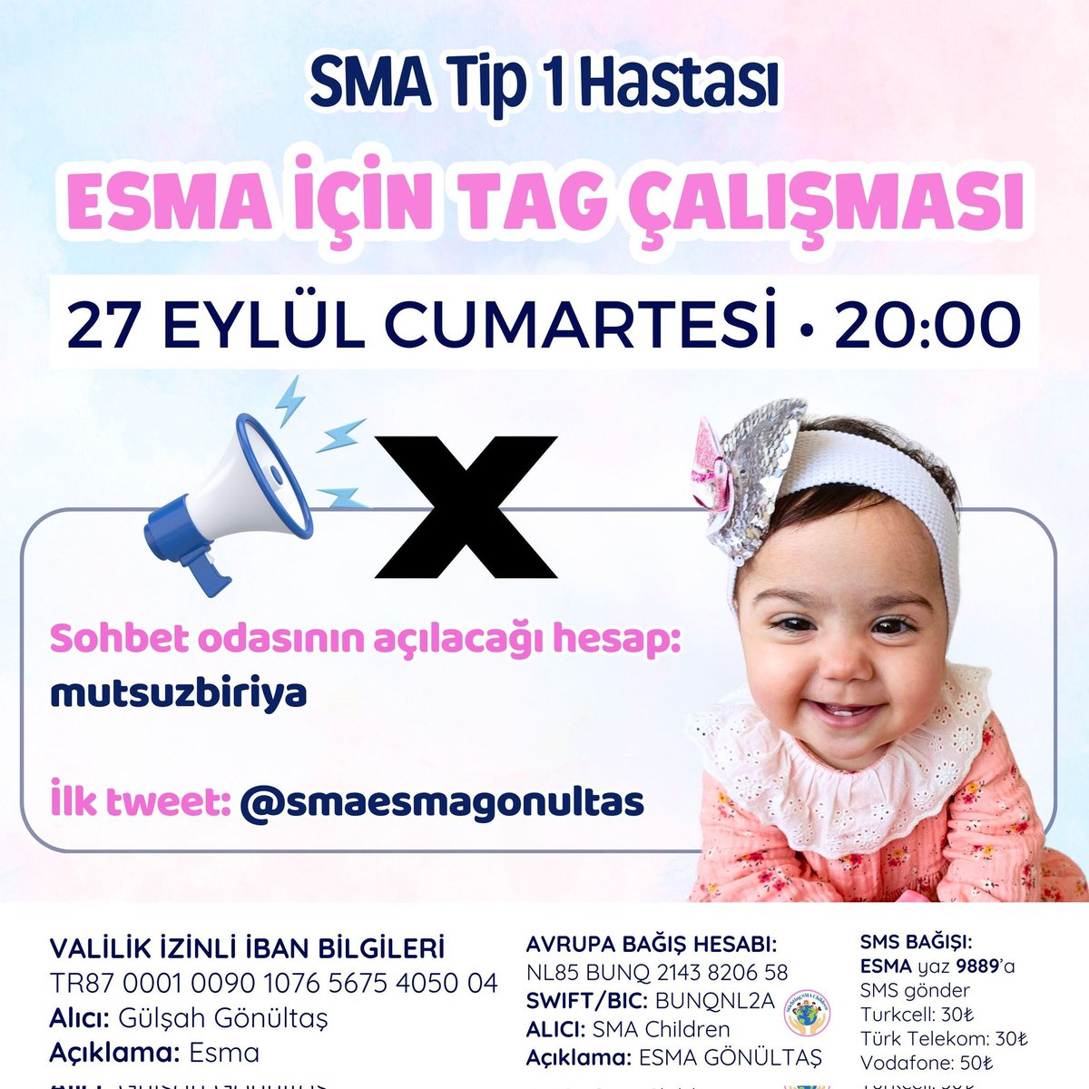 Minik Esma’mız için el ele veriyoruz🌟
27 Eylül Cumartesi 20:00'de Tag çalışması var!

siz de sesimize ses olup, 
Esma’ya umut olun..🌸