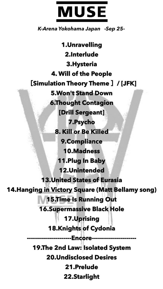 xxGjoxx's tweet photo. 大阪→横浜
Map of the Problematique→Will of the People
Stockholm Syndrome→Thought Contagion
New Born→Compliance

MUSE
セトリ
横浜 https://t.co/UQgUw15ERk