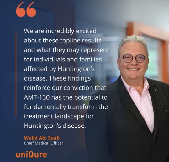 Extraordinario avance para #enfermedaddeHuntingtons, …gracias ciencia‼️💜💚
<a href="/uniQure_NV/">uniQure</a> anuncia que el estudio de fase I/II de su #genoterapia #AMT130 para enfermedad de #huntingtons cumplió con los criterios de valoración principal y un criterio de valoración secundario, clave