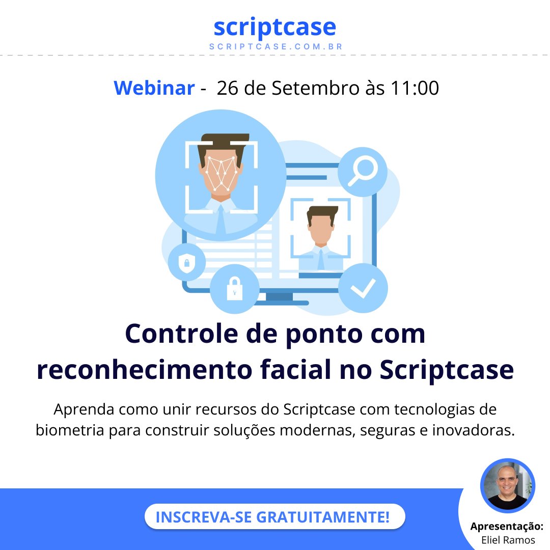 scriptcase's tweet image. É amanhã! WEBINAR - Controle de ponto com reconhecimento facial no Scriptcase
INSCREVA-SE: attendee.gotowebinar.com/register/55263…
#scriptcase #php #lowcode #desenvolvimentoweb #biometria #sistemas #controledeponto