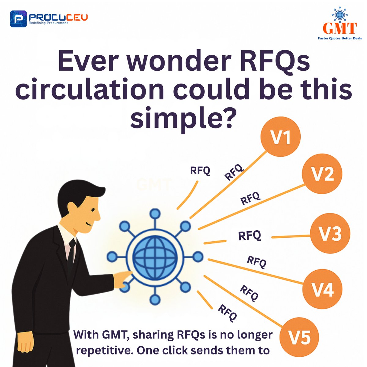 procucev's tweet image. Tired of repeating the same RFQ process again and again?
With GMT, sharing RFQs is no longer a manual task - it’s a single click that instantly reaches the right vendors.
🚀Faster circulation
🤝Better vendor responses
💡More time for what really matters
#RFQ #Sourcing #Vendor