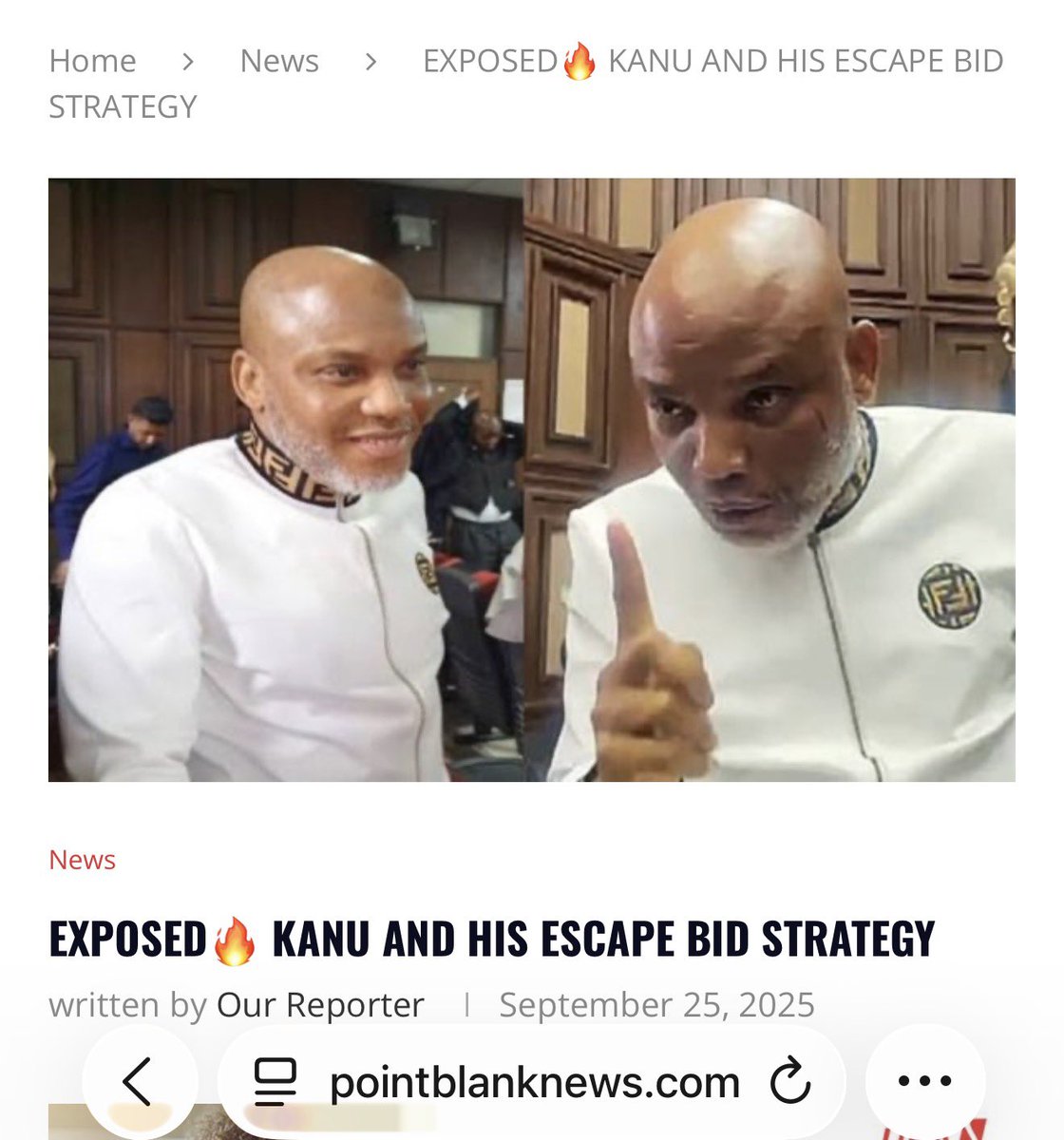 EmmanOSINT's tweet photo. KANU AND HIS ESCAPE BID STRATEGY

The desperate propaganda that Nnamdi Kanu's health is "deteriorating" is nothing
but a tired tactic. This is the same strategy he used in 2017 when he was granted bail to Senator Abaribe, and instead of facing trial, he vanished. Nigerians must not be fooled again. The character of Nnamdi Kanu disqualifies him from any claim to mercy or premature release.

This is a man who, while on bail for serious charges of treason, brazenly jumped bail and fled the country. While abroad, he continued to direct his violent campaign, proving that confinement is the only means to neutralize the clear and potent danger he poses. This act alone demonstrates a profound disrespect for the Nigerian judiciay and the rule of law.

Let me break the ice with these unanswered questions. How many of his self-appointed doctors has he sacked just for giving him a clean bill of health? Facts speak! Empirical facts speak louder!  Who are these doctors, and what role did they play? What was their offence that MNK sacked them? It is assumed that they are core professionals. Their integrity must have been undoubted before he hired? Likewise, the DSS medical team that has given Kanu consistent, professional care from what we know. Even those personal doctors he hired have been allowed to see him as he also affirmed before now. If there was ever a plot to harm him and not serve justice, I doubt he would be alive and well today. The so-called "overdose" claims and accusations of attempted murder are mere lies, manufactured to discredit professionals as leeway to get out of custody. This alarm by a compromised prof from nowhere is nothing, other than Kanu's usual gimmick.

The truth is clear: Kanu has never been denied medical attention in custody. The
sudden noise about failing health is just another ploy to escape justice, nothing
new. The court date is close. and rather than face the charges, his camp is trying to create excuses. The clamour for his release would only be an invitation for him to resume his campaign of terror and instability, plunging the Southeast into another cycle of violence.

The esteemed Judges of our courts are faced with a decision that transcends legal technicalities. They are guardians of both the law and public good. Their duty is to interpret the law in a way that sustains the nation, not fractures it. The pursuit of justice and upholding the rule of law must take precedence over individual interests. Nigerians cannot afford a repeat of 2017; this time, there will be no disappearing act. 

By Dr Odenigbo in Akwa, Anambra State

Via PointBlankNews. https://t.co/Us9tQEprRq…