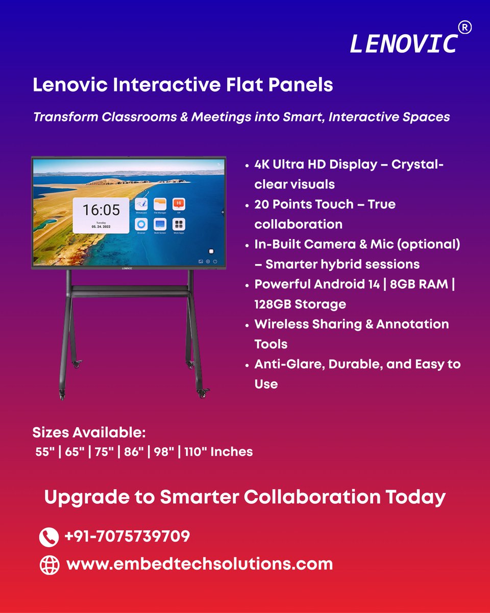 Embedtech_sol's tweet image. Engage. Collaborate. Inspire.
Lenovic IFPDs deliver crystal-clear 4K, intuitive touch, &amp;amp; wireless sharing — built for modern classrooms &amp;amp; boardrooms.
#SmartClassroom #HybridMeetings #Innovation #EdTech #Technology