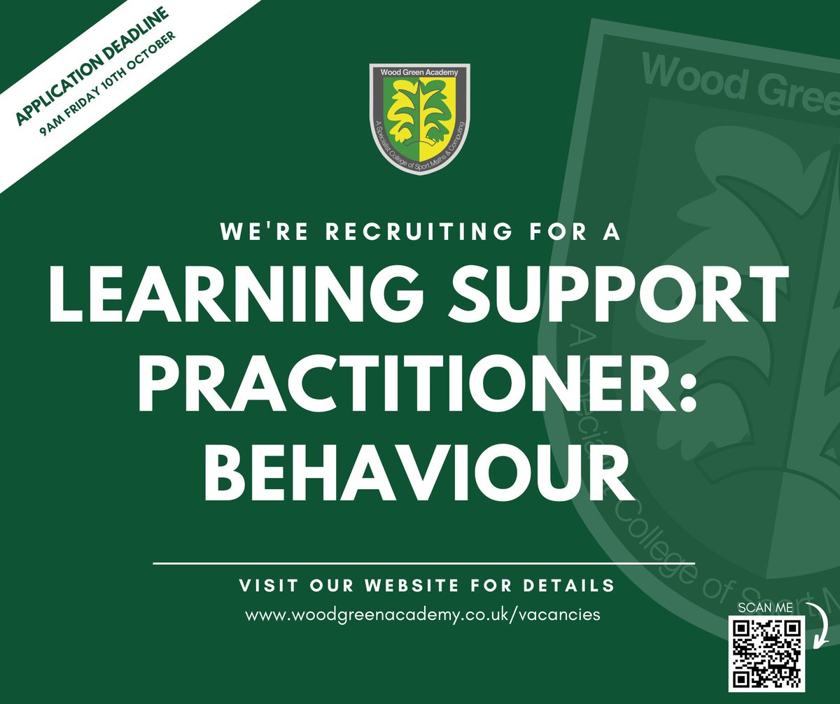 We're Hiring! Take a look at our latest vacancy.

woodgreenacademy.co.uk/vacancies/

 #JobVacancy #Vacancies #WGAJobs #Jobs #WestMidlandsJobs #JoinOurTeam