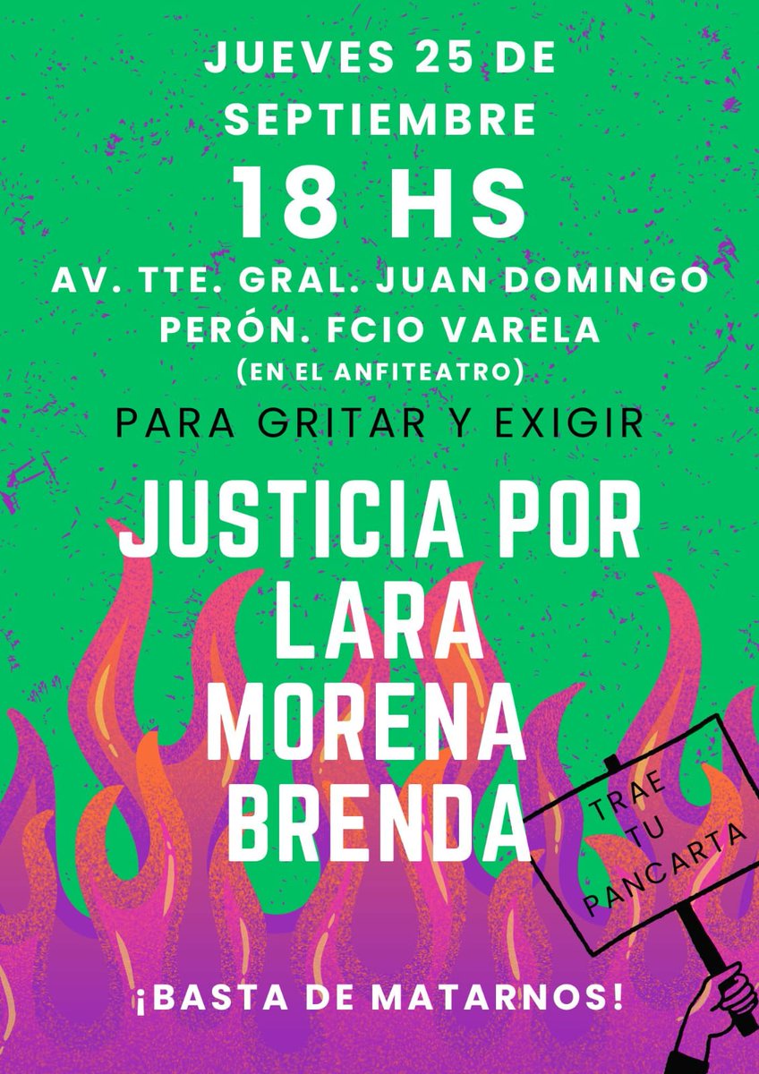 Hoy a las 18 hs en #FlorenciaVarela seguimos exigiendo justicia por Brenda, Lara y Morena 💪🏽🔥

#NiUnaMenos