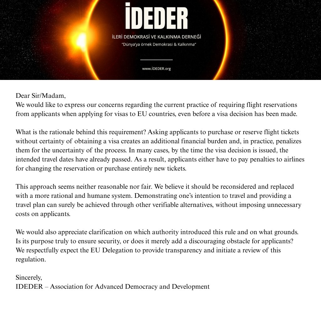 Avrupa Birliği ülkelerine yönelik vize başvurularında, başvuru sahiplerinden henüz vize sonucu belli olmadan uçak rezervasyonu talep edilmesi uygulamasına dair derneğimizin görüşü
<a href="/EUDelegationTur/">AB Türkiye Delegasyonu🇪🇺EU Delegation to Türkiye</a> <a href="/kajakallas/">Kaja Kallas</a>