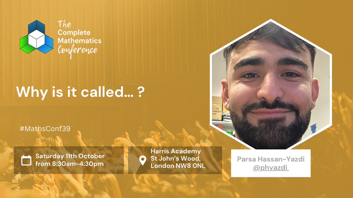 📣 Another #MathsConf39 workshop announcement!

✨ Why is it called… ?
with Parsa Hassan-Yazdi (<a href="/phyazdi/">Parsa Hassan-Yazdi</a>)

We use terms like sine, cosine, tangent, completing the square, quadratic—but how often do we pause to ask why they’re called that? This session dives into the fascinating