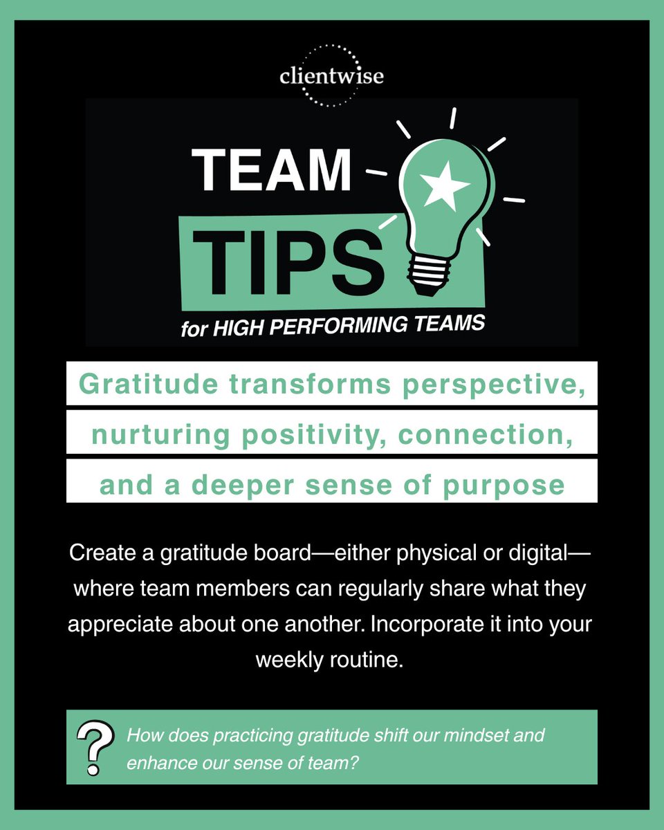 ClientWise's tweet image. Gratitude fuels stronger teams.

#ClientWiseTips #GratitudeInAction #PositiveLeadership #AdvisorExcellence #TeamConnection #LeadershipDevelopment #CultureOfAppreciation #GrowthCulture #FinancialAdvisorCoach