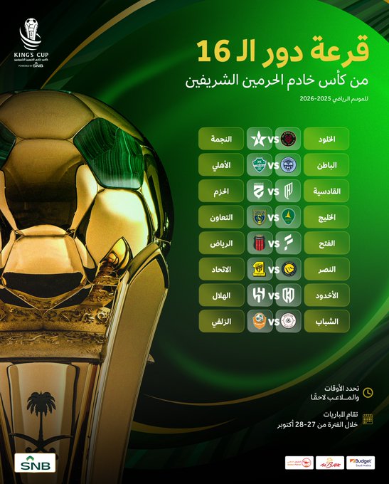 A golden soccer trophy with a palm tree design at the base. A list of matchups for the round of 16, featuring team logos and names in Arabic. The background is green with the King Cup logo at the top.