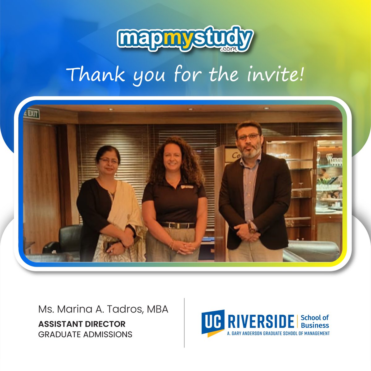 mapmystudy50044's tweet image. Thanks for inviting us, UC Riverside – A. Gary Anderson Graduate School of Management &amp;amp; Ms. Marina A. Tadros. An insightful session on graduate opportunities in the USA!

📞 +91-88004-07108

#StudyInUSA #UCRiverside #MapMyStudy #StudyAbroad