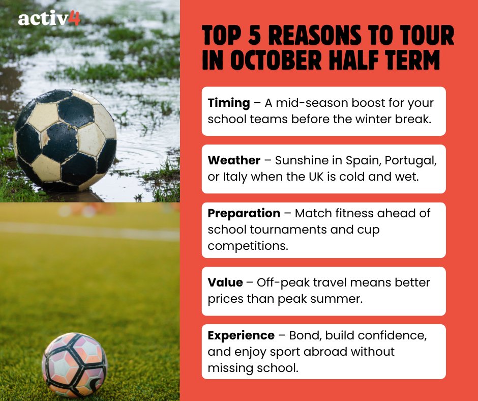 Give your school team something to aim for… an October Half Term Sports Tour 🌍 A boost of sunshine, high-level coaching, and competition to sharpen your skills for the season ahead. Ready to start planning? ✈️ Get in touch with us today #BeyondTheClassroom #SchoolSportsTours