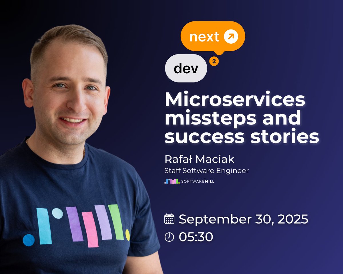 softwaremill's tweet image. Hello #dev2next community! 🧑💻 Are you curious about real-world microservices - the wins, the war stories, and the lessons learned?
We've got a great news to share with you. 😃
➡️ Rafał Maciak, head of Kotlin at SoftwareMill, will be sharing his experience at the @dev2next…