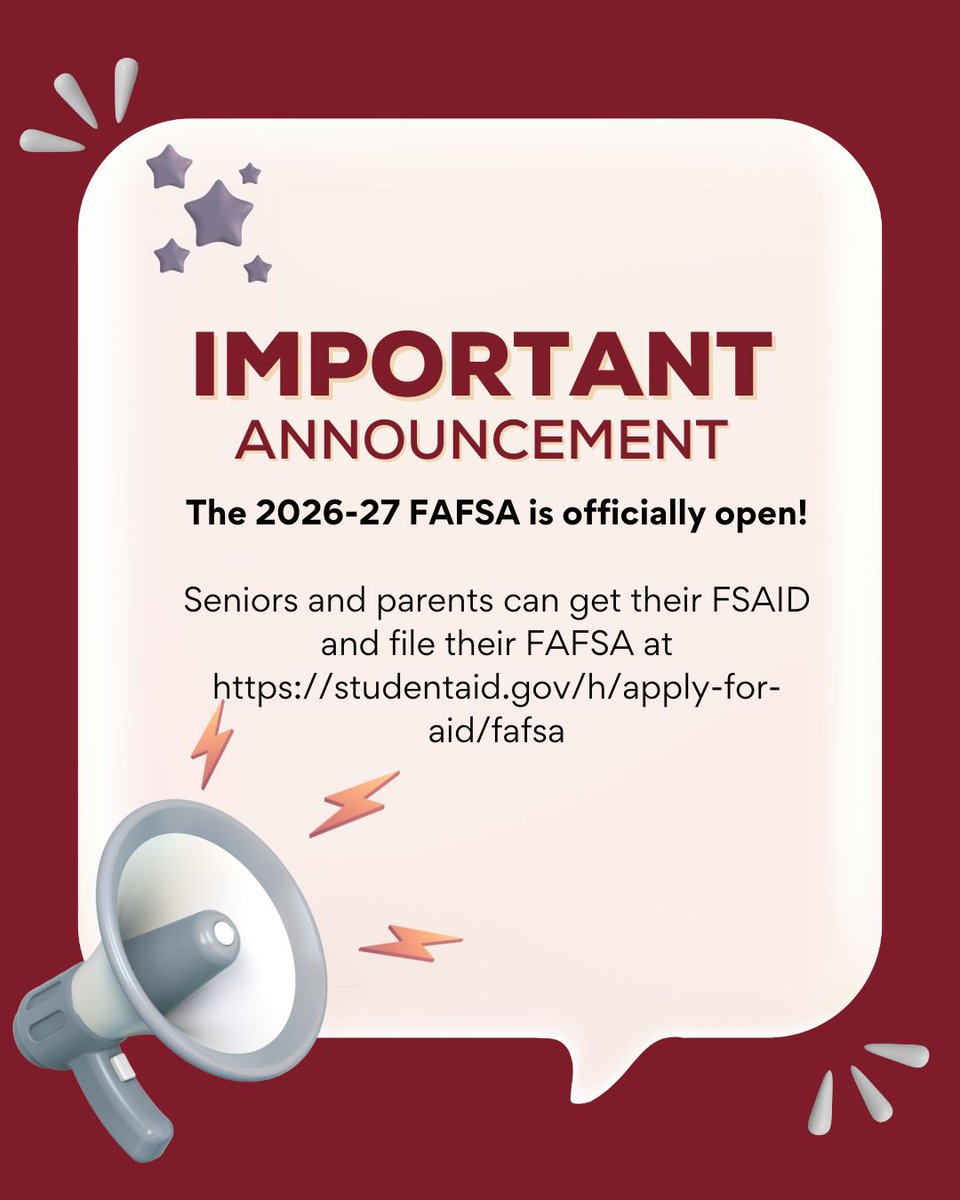 If you need help, please don't hesitate to contact the Counseling office.  studentaid.gov/h/apply-for-ai…