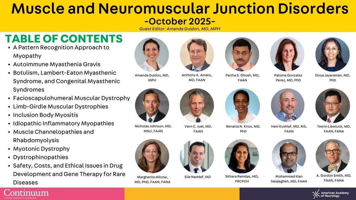 The next issue on Muscle and Neuromuscular Junction Disorders, guest edited by Dr. Amanda Guidon, publishes next week on October 2! <a href="/TLiewluck/">Teerin Liewluck, MD, FAAN, FANA</a> <a href="/ElieNaddaf3/">Elie Naddaf</a> <a href="/HaniKushlaf/">Hani Kushlaf, MD, MS, FAAN, FANA, FAANEM</a> <a href="/gordonsmithMD/">A. Gordon Smith, MD</a> <a href="/LyellJ/">Lyell Jones MD</a> @AANMember
#Neurology #MedEd #NeuroTwitter
