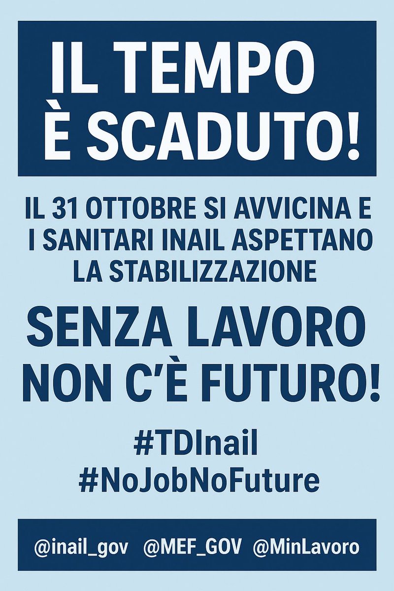 Il tempo è scaduto! Il 31 ottobre si avvicina e i sanitari INAIL aspettano la stabilizzazione. Senza lavoro non c’è futuro! #TDInail #NoJobNoFuture <a href="/inail_gov/">Inail</a> <a href="/MEF_GOV/">MEF</a> <a href="/MinLavoro/">Ministero Lavoro</a> Ass. <a href="/ANMIL_nazionale/">ANMIL Nazionale</a> ci sostenga nella rivendicazione