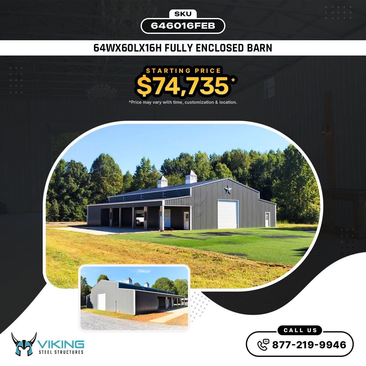 Viking_SteelStr's tweet photo. Big land? Big plans? Bigger barn!
64x60x16 #FullyEnclosedBarn with 40'x60' center + dual 12'x60' lean-tos. Built for livestock, equipment & more. Starting $74,735* 📞 877-219-9946 SKU: 646016FEB 👉 https://t.co/zqjSOjLNiN
#SteelBarn #MetalBuildings #PrefabBarn #FarmBuilding https://t.co/SWOBsQGzA2