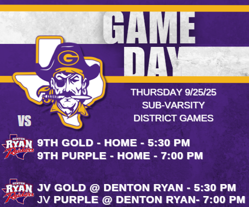 🏴‍☠️ Sub-Varsity District Gameday!
📅 Thursday, Sept 25, 2025
9th Gold/Purple vs Denton Ryan ⏰ 5:30/7:00 PM 
🎟️ granburypirates.com/HTtickets
JV Gold/Purple @ Denton Ryan ⏰ 5:30/7:00 PM 
🎟️ gofan.co/app/school/TX1…
📍Denton Ryan High School - 5101 E McKinney St Denton, TX, 76208