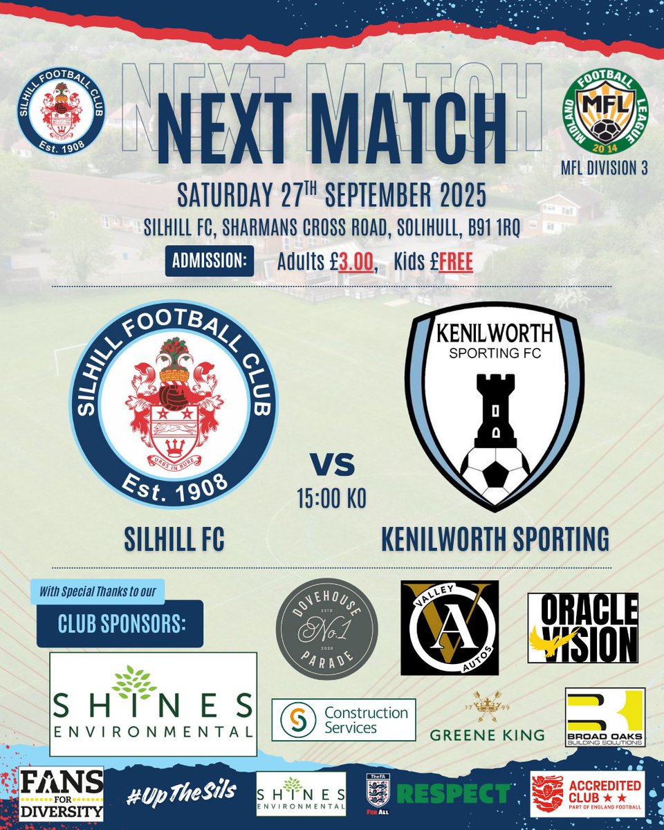 Silhill FC vs Kenilworth Sporting
The Capelli Sport MFL Division 3
Saturday 27th September 2025
3.00pm KO

Back on familiar territory this Saturday as we welcome Kenilworth Sporting to Sharmans Cross Road

#UpTheSils