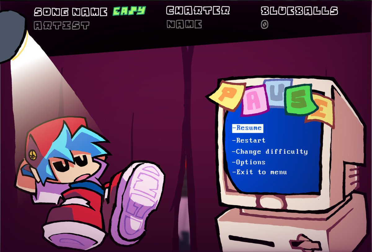 Wip of our pause menu!!
Art by <a href="/kurotanji00/">Finnnn🎧🆖</a> 

#fnf #bf #fnfmod #fridaynightfunkin