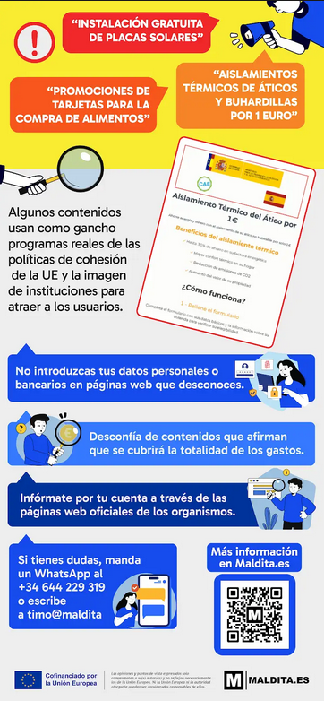 Algunos contenidos sospechosos usan como gancho programas reales de las políticas de cohesión de la UE e imágenes de instituciones.   

🧐En esta infografía te contamos como reconocerlos y qué hacer si tienes dudas: bit.ly/ISPA_6 

#fondoseuropeos