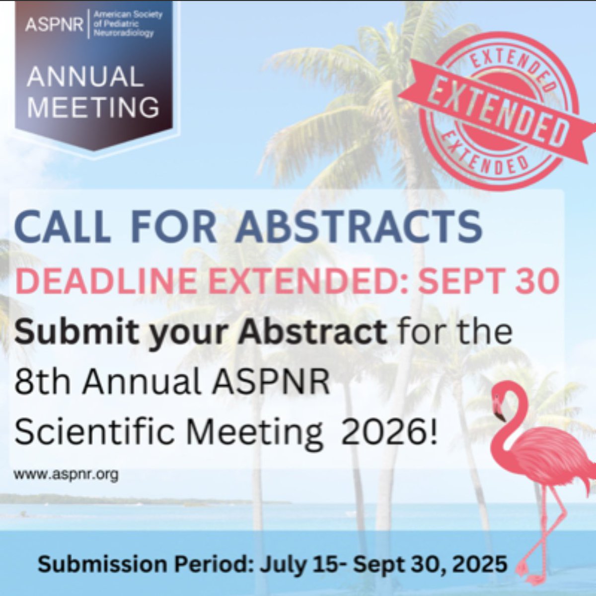 📢 Abstract deadline EXTENDED for #ASPNR2026!
 ⏳ 5 days left! Submit your abstract for #ASPNR2026 by Sept 30 🌴🧠

 👉 abstractscorecard.com/cfp/submit/log…