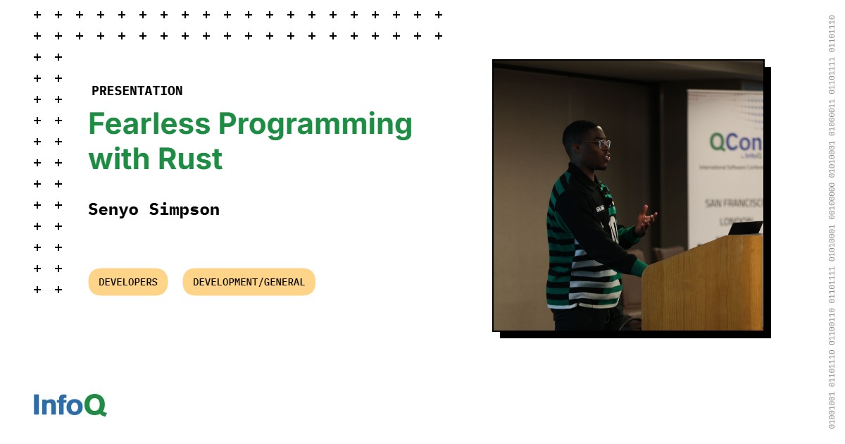 InfoQ's tweet image. #RustLang combines the best of many worlds: ergonomic, expressive, performant, and safe.

Discover how Rust enables developers to write complex code with confidence, while also addressing the real challenges along the way.

🔗 #InfoQ video: bit.ly/4mQ21NH

#transcript