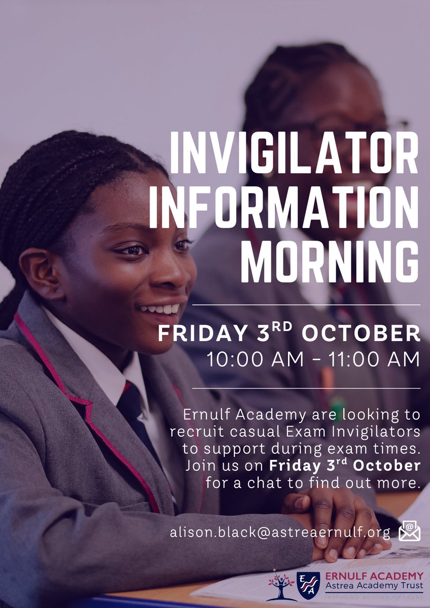 INVIGILATOR INFORMATION MORNING
Friday 3 October 10 am – 11 am

Ernulf Academy are recruiting Casual Exam Invigilators to join our friendly team. Our Invigilators play a key role in the smooth running of exams ensuring security and integrity is maintained.

We're looking for