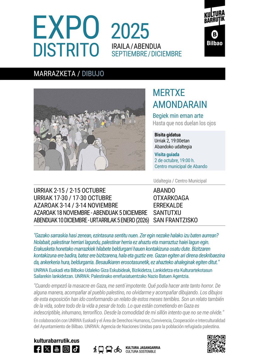 🎨Begiek min eman arte / Hasta que nos duelan los ojos
✍️ Mertxe Amondarain

Gazan gertatzen ari den genozidioaren eta, horren gainetik, bizitzaren kronika bat, marrazkien bidez kontatua

📍Abandoko Udaltegia
🗓️ Bisita gidatua: urriak 2, 19:00etan

🫱🏾‍🫲🏼 <a href="/unrwaeuskadi/">UNRWA Euskadi</a>