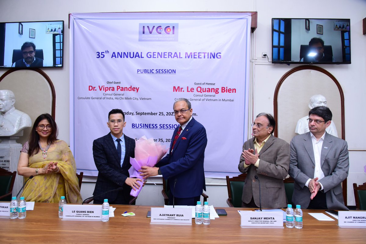 IVCCI_1990's tweet photo. A successful and insightful interactive session marked the 35th Annual General Meeting of IVCCI!

With 𝐃𝐫. 𝐕𝐢𝐩𝐫𝐚 𝐏𝐚𝐧𝐝𝐞𝐲, Consul General, Consulate General of India in Vietnam and https://t.co/vWnTvvraHs