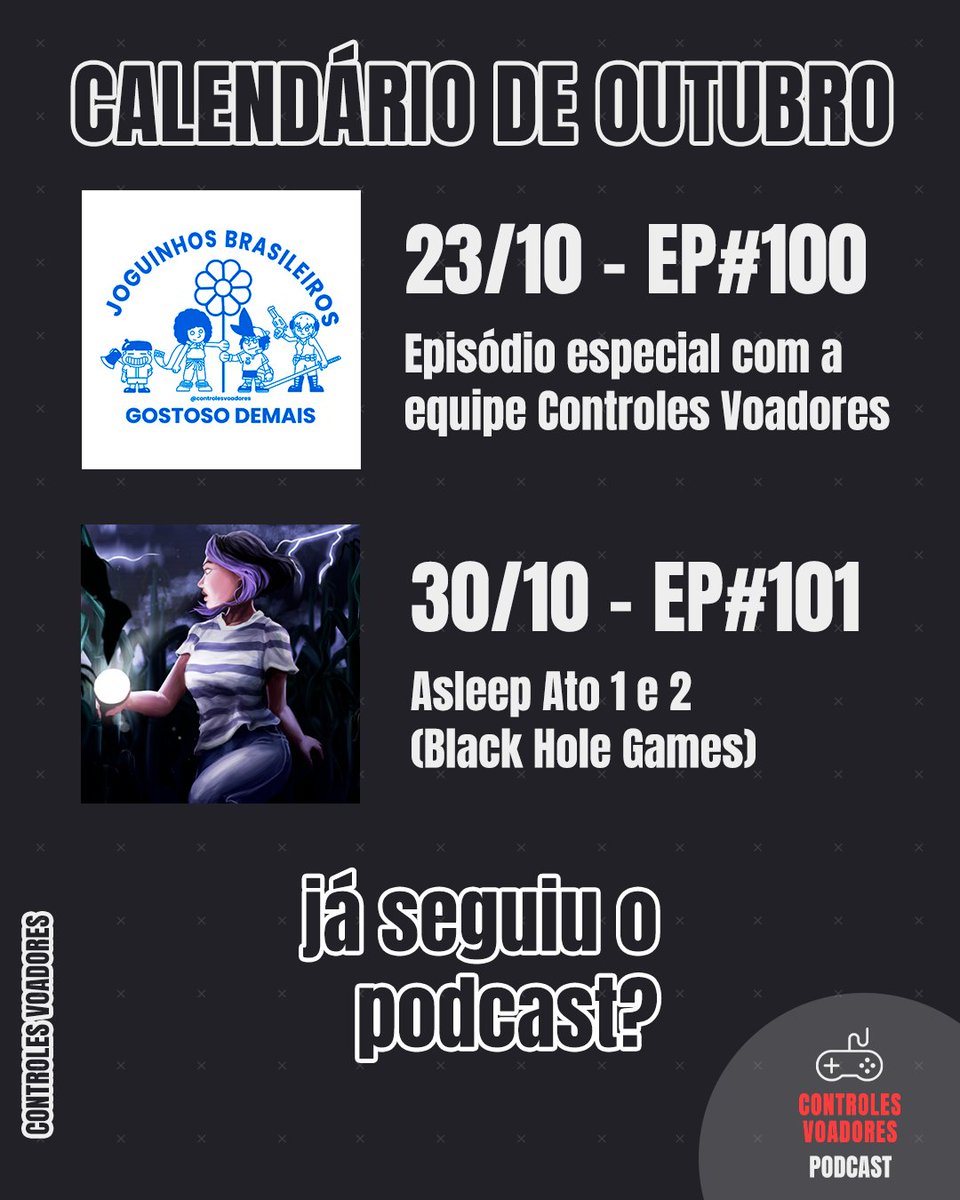 ControlesCast's tweet image. Ó O CALENDÁRIO DE OUTUBRO DO PODCAST CHEGANDO 🚨🚨🚨
🐔 02/10 - Machick 2
☀️ 09/10 - Adventure of Samsara
👩🏾🚀 16/10 - Neve
💯 23/10 - Episódio #100
🔦 30/10 - Asleep
Compartilha, segue, marca geral e já fala qual jogo você ainda quer ver no programa 🔄
#jogobr #indiebr #gamedev