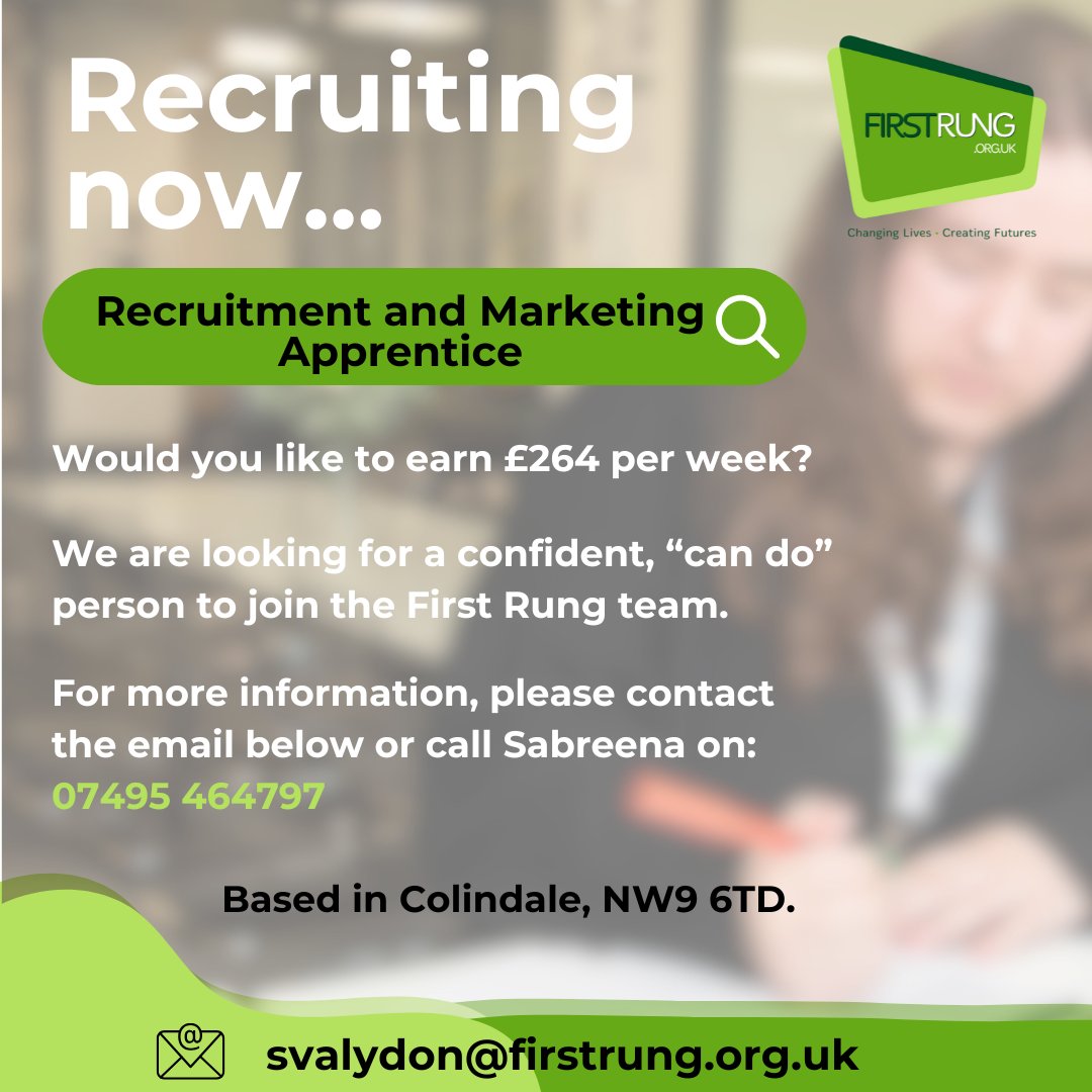 🌟 Kickstart your career with First Rung! 🌟

We’re hiring a Recruitment &amp; Marketing Apprentice 🙌

✔️ Admin &amp; recruitment support
✔️ Promote via events + socials
✔️ Build comms &amp; marketing skills 🚀

📞 07495 464797
📧 svalydon@firstrung.org.uk

#Apprenticeship #CareerGrowth
