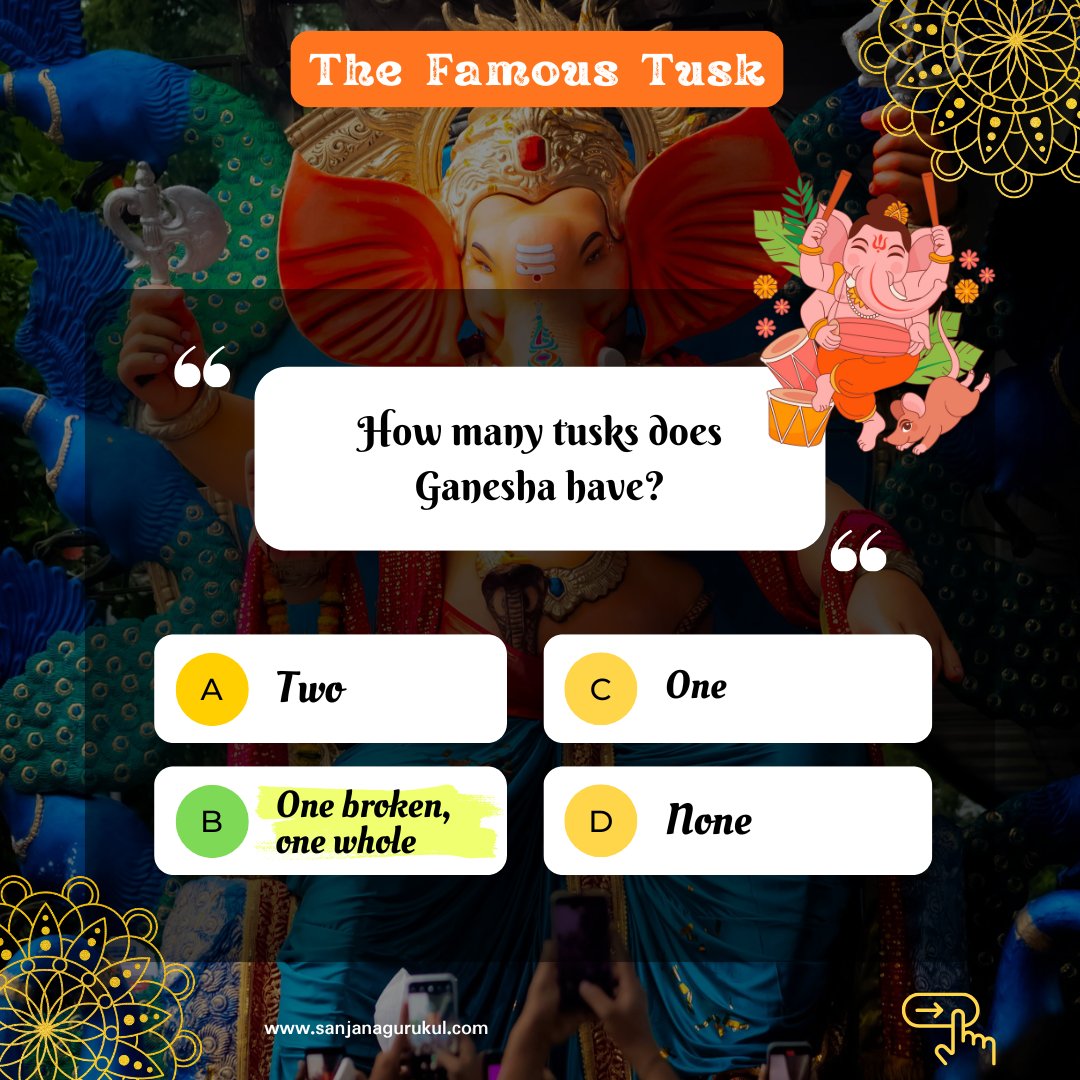 GurukulSanjana's tweet image. Decode the Symbols of Ganesha!
Drop your score below & challenge a friend to take it next. 🙏
#GaneshaQuiz #LearnWithFun #GaneshChaturthi #learnhindi #sanjanagurukul #missionhindi #ganesha #hindiseries #hindilearning #culturalheritage