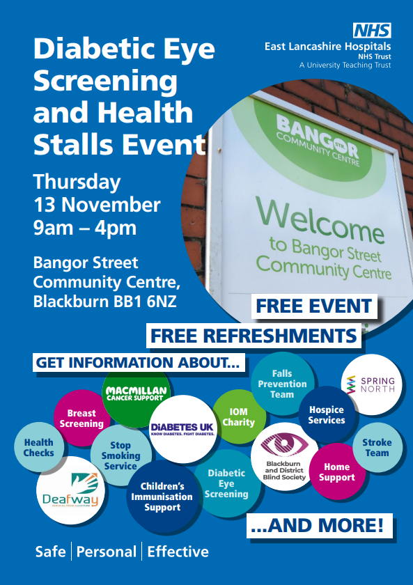 Bangor Street Community Centre are hosting a Diabetic Eye Screening and Health Stall event on Thursday 13th November 9am - 4pm.

There will be information about health checks, stopping smoking and many more!

It is a free health event and free refreshments will be available.