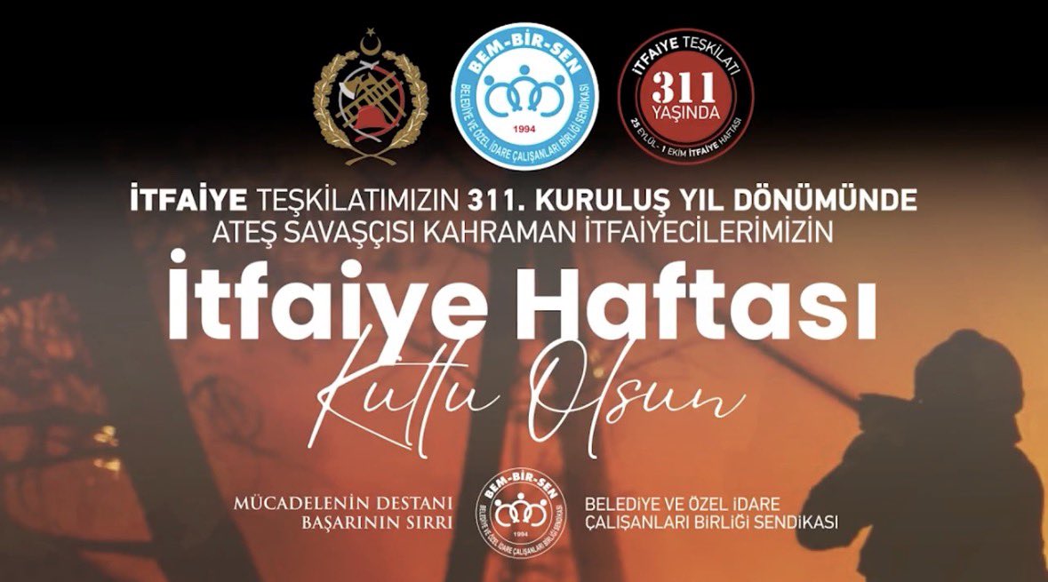 Zorlu şartlar altında görev yapan fedakarlık timsali kahraman Ateş Savaşçılarımızın İtfaiye Haftası ve  İtfaiye Teşkilatımızın 311. Kuruluş yıl dönümü kutlu olsun. 

Bu uğurda fedai can eden 
İtfaiye Şehidlerimizin ruhu şad  
mekanları Cennet olsun.