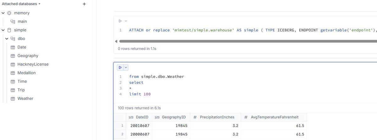 mim_djo's tweet image. you can query #MicrosoftFabric DWH in your laptop using #duckdb thanks to the apache iceberg rest catalog